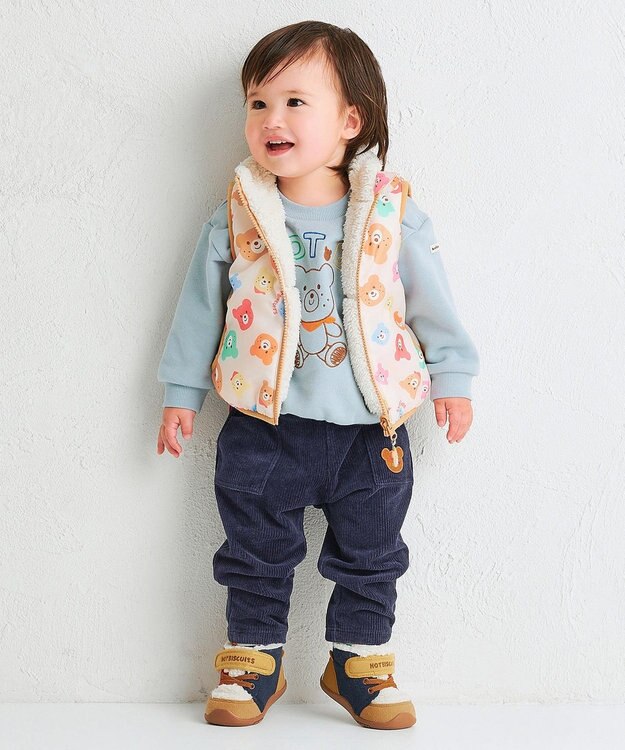 MIKI HOUSE HOT BISCUITS 【80-120cm】 カラフルビーンズ 裏ボアフリース リバーシブル総柄ベスト マルチカラー