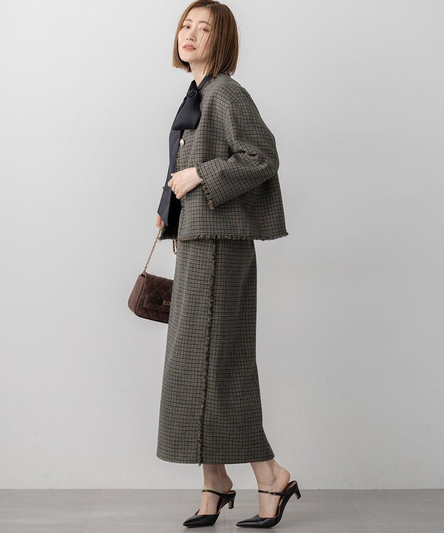 23区 S ツイーディーカラーミックス ノーカラー ジャケット ブラウンチェック