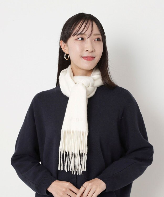 MOONBAT FURLA(フルラ）カシミヤ100％ 無地 マフラー ロゴ刺繍 手洗いOK オフホワイト