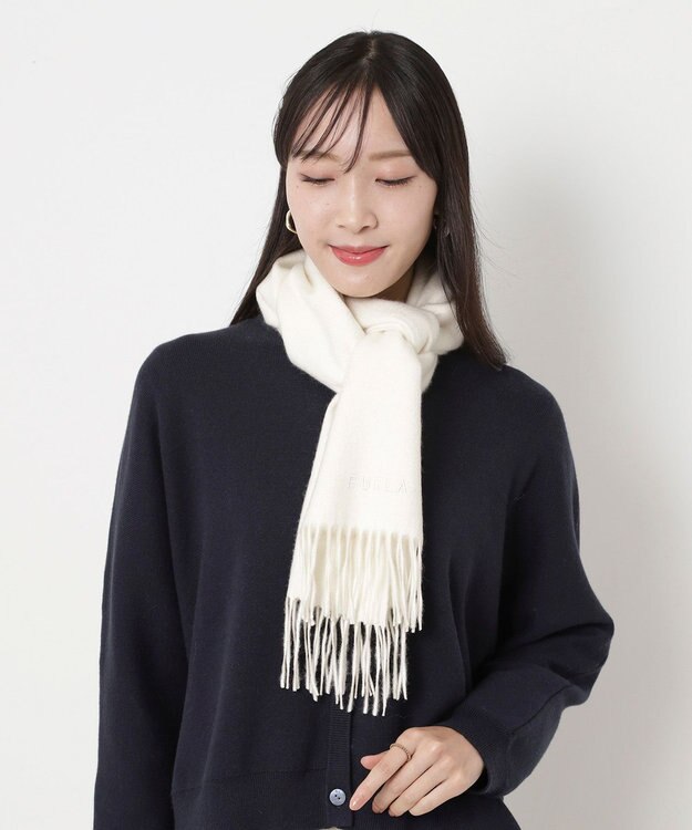 MOONBAT FURLA(フルラ）カシミヤ100％ 無地 マフラー ロゴ刺繍 手洗いOK オフホワイト