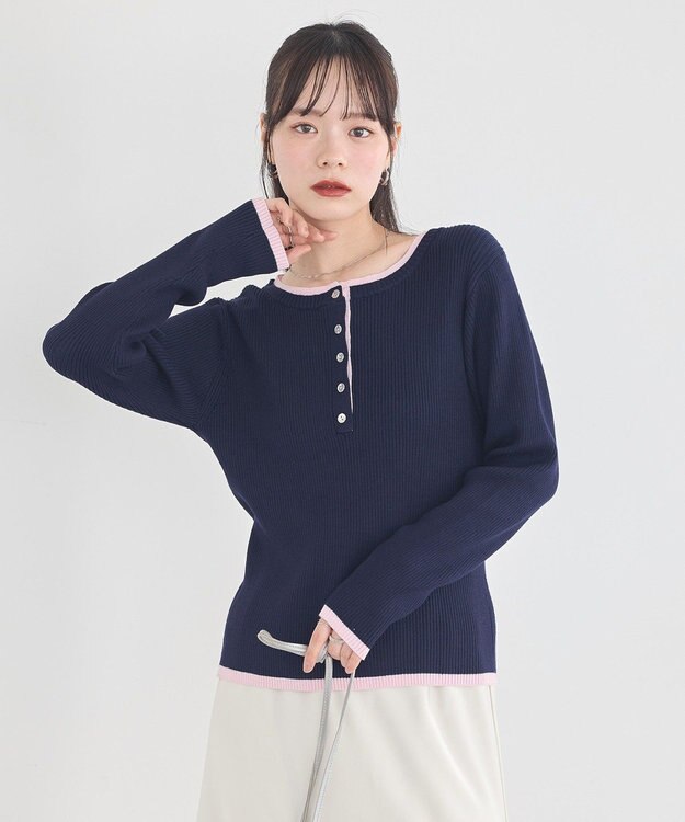 earth music&ecology バイカラーヘンリーネックニットプルオーバー Navy