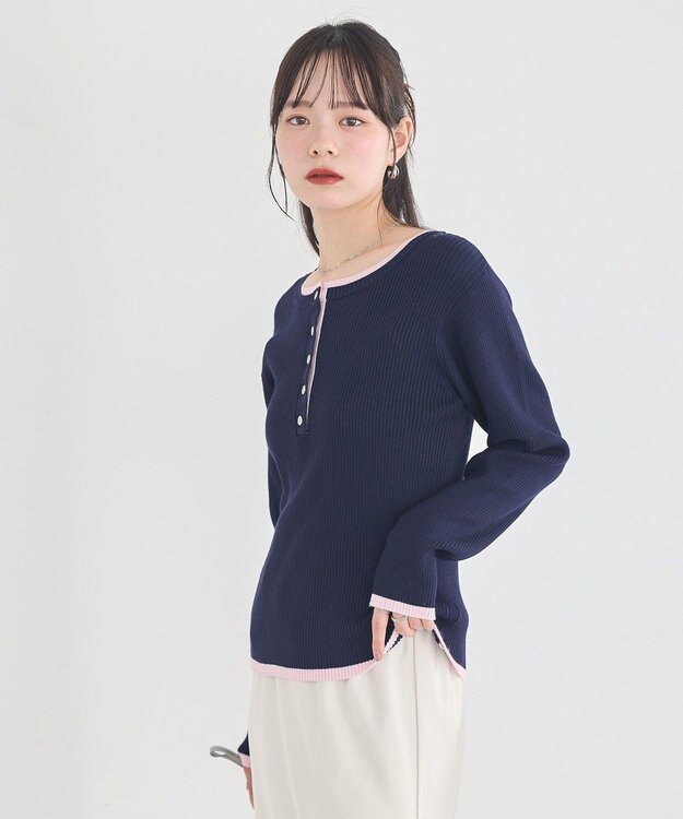 earth music&ecology バイカラーヘンリーネックニットプルオーバー Navy