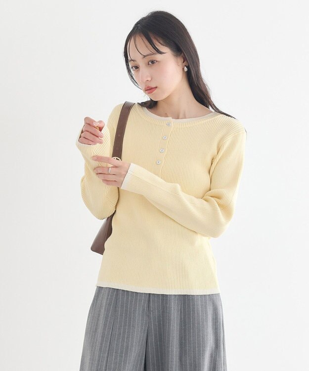 earth music&ecology バイカラーヘンリーネックニットプルオーバー Light Yellow