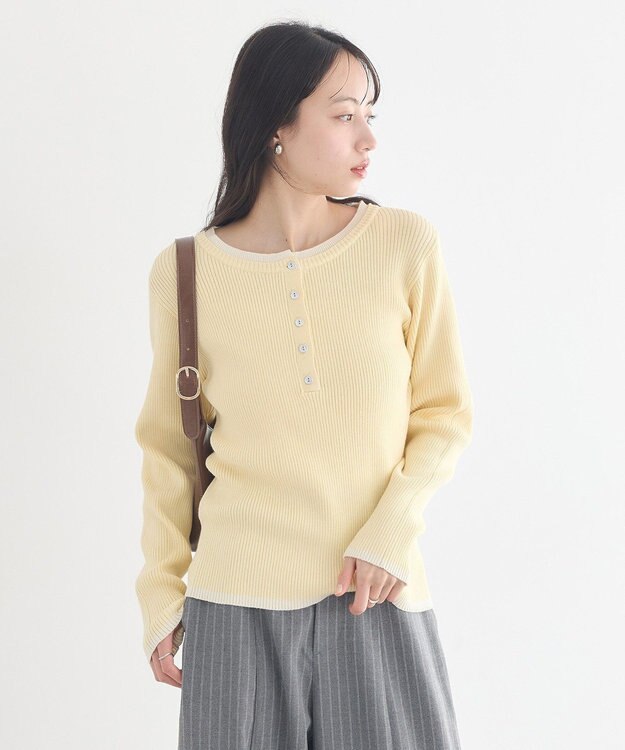 earth music&ecology バイカラーヘンリーネックニットプルオーバー Light Yellow
