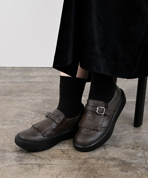 Pointer 日本製 本革フリンジ付き厚底ローファー ブラウン