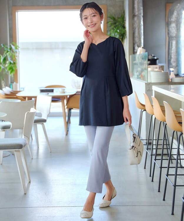 Tiaclasse リボン付きタックフレアチュニック ネイビー