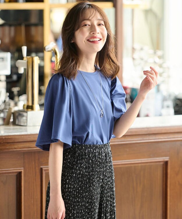 ANY SIS 【UVケア】プレーティングジャージー フレアスリーブ カットソー ダルブルー