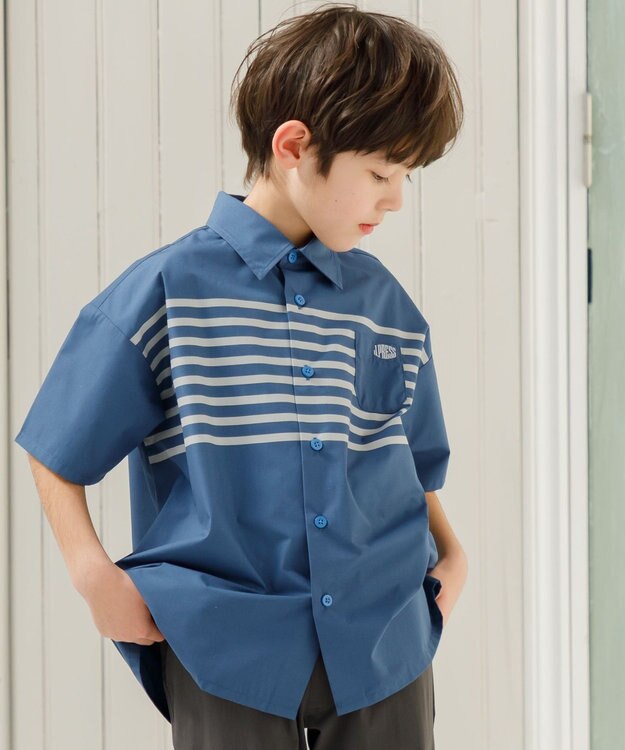 J.PRESS KIDS 【140-170cm】TCブロード パネルボーダープリント シャツ ダルブルー系