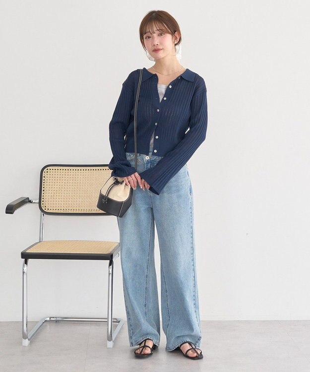 earth music&ecology 透かし編みフレアスリーブカーデガン Navy
