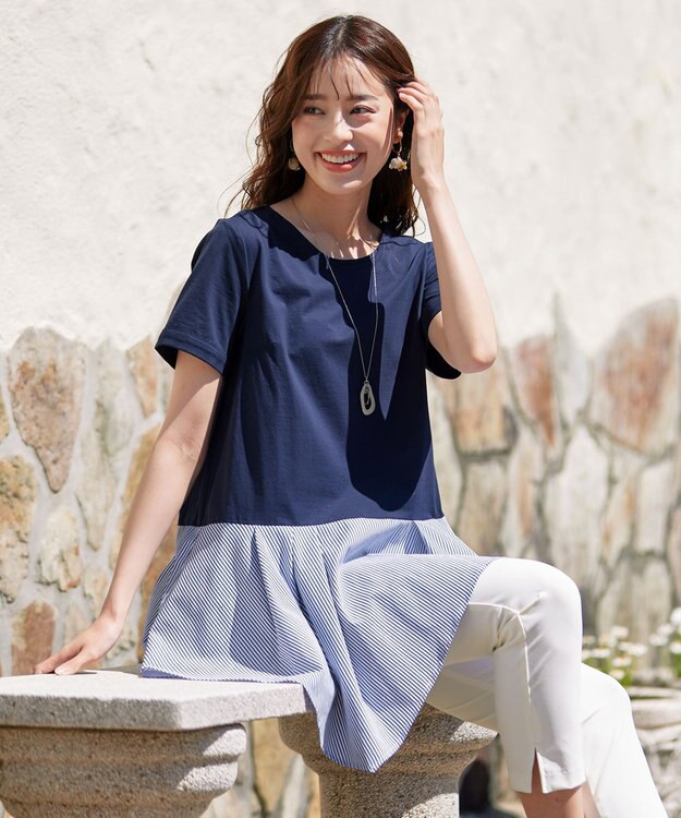 Tiaclasse 【洗える】イレギュラーヘムチュニックブラウス ネイビー×ブルーストライプ