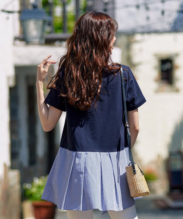 Tiaclasse 【洗える】イレギュラーヘムチュニックブラウス ネイビー×ブルーストライプ