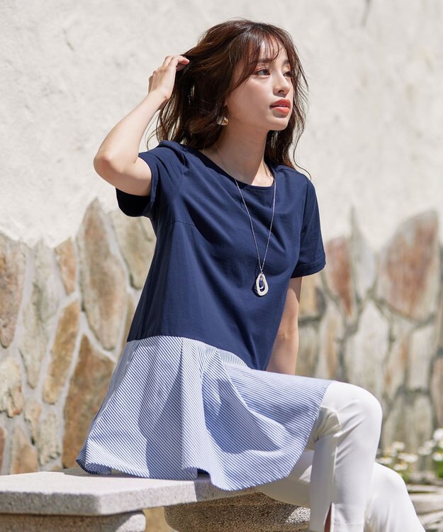 Tiaclasse 【洗える】イレギュラーヘムチュニックブラウス ネイビー×ブルーストライプ