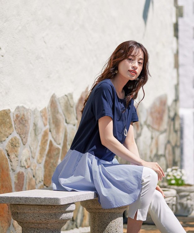 Tiaclasse 【洗える】イレギュラーヘムチュニックブラウス ネイビー×ブルーストライプ