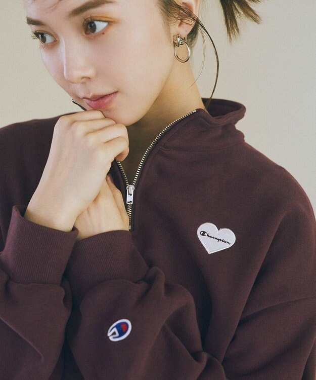 earth music&ecology Ｃｈａｍｐｉｏｎ×ｅｍａｅハーフジップハートスウェット Wine