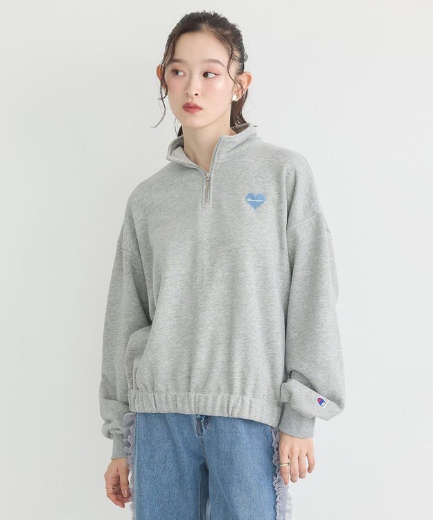 earth music&ecology Ｃｈａｍｐｉｏｎ×ｅｍａｅハーフジップハートスウェット Gray Mixture