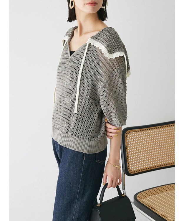 Green Parks クロシェ風セーラーカラーニット Gray