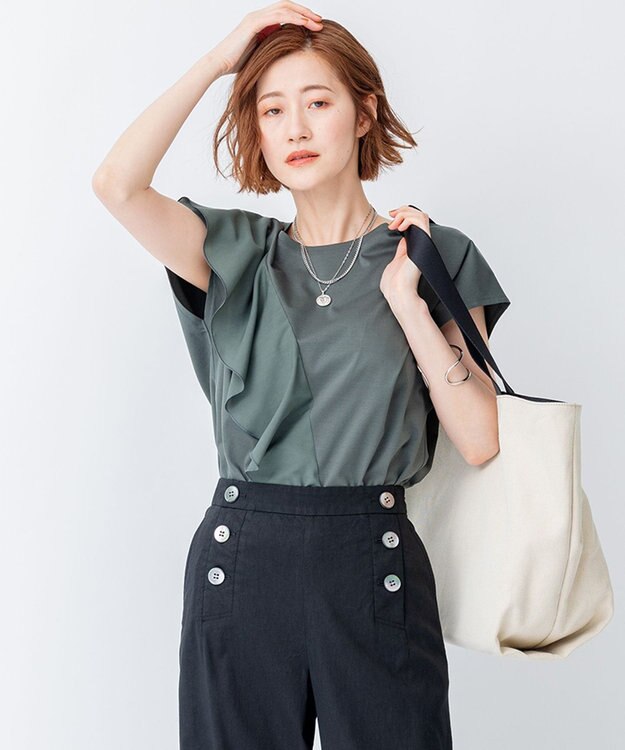 23区 シアーフリルジャージー ラッフル カットソー カーキ系