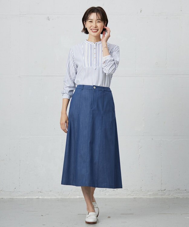 J.PRESS LADIES 【洗える】セルロースシャンブレー フレアー スカート ブルー系