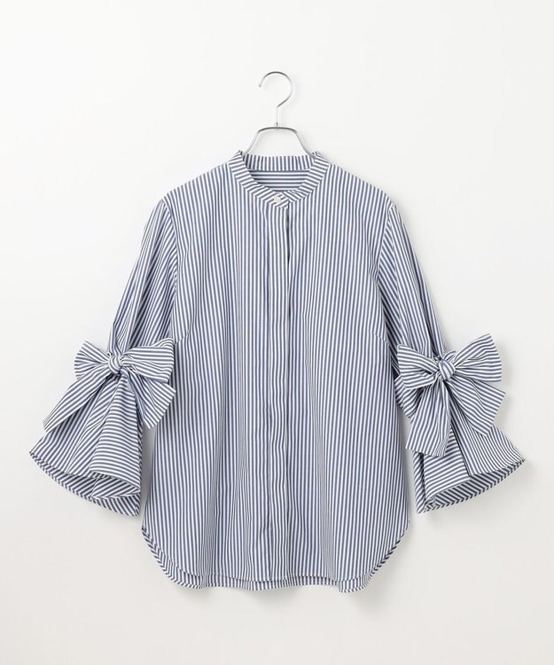 #Newans 【洗濯機可能/シワになりにくい】リボンカフスブラウス ネイビーストライプ