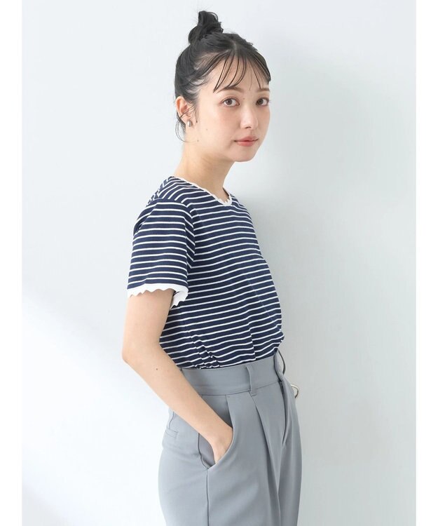 earth music&ecology バイカラースカラッププルオーバー Border Navy