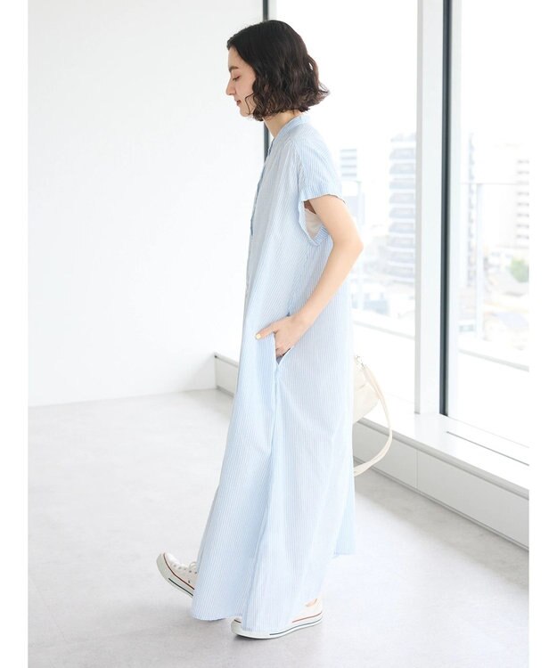 CRAFT STANDARD BOUTIQUE インド綿バンドカラーワンピース Stripe Sax