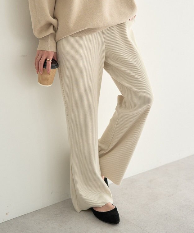 earth music&ecology セルフカットテレコフレアパンツ Light Beige