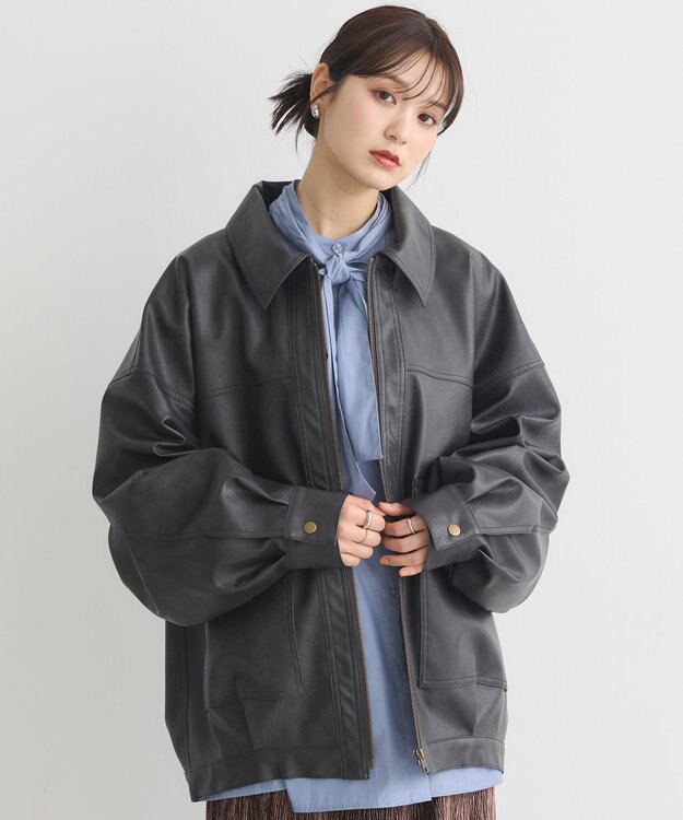 earth music&ecology フェイクレザージップジャケット Dark Brown