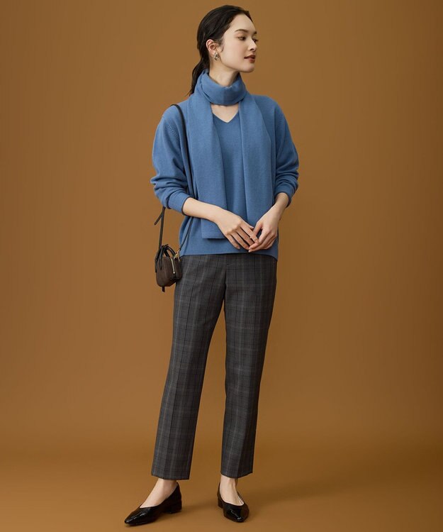 自由区 L 【19号サイズまで展開】TRギャバ裏起毛チェック柄テーパード パンツ チャコール系チェック