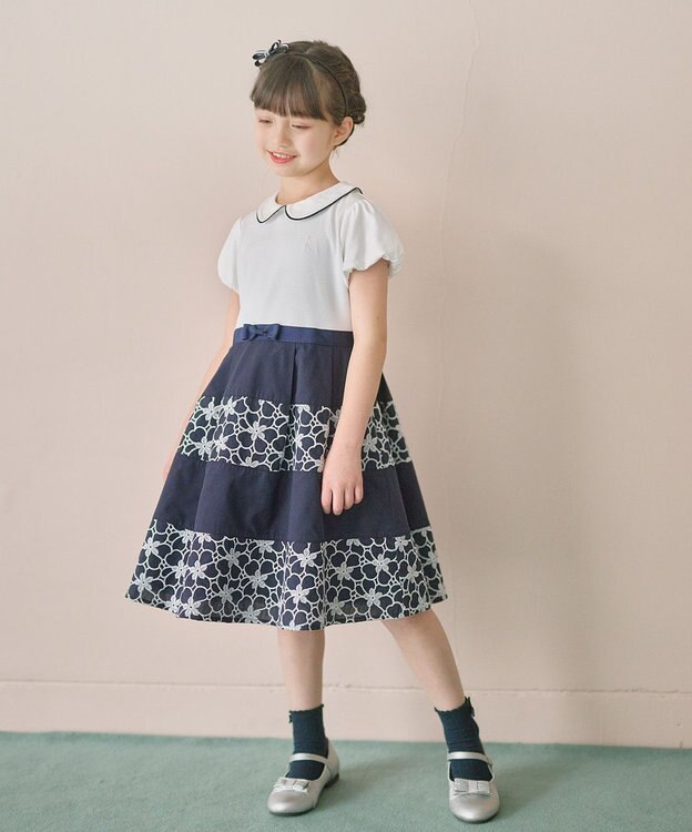 組曲 KIDS 【110-140㎝】フラワーパネルボーダー ワンピース ネイビー系