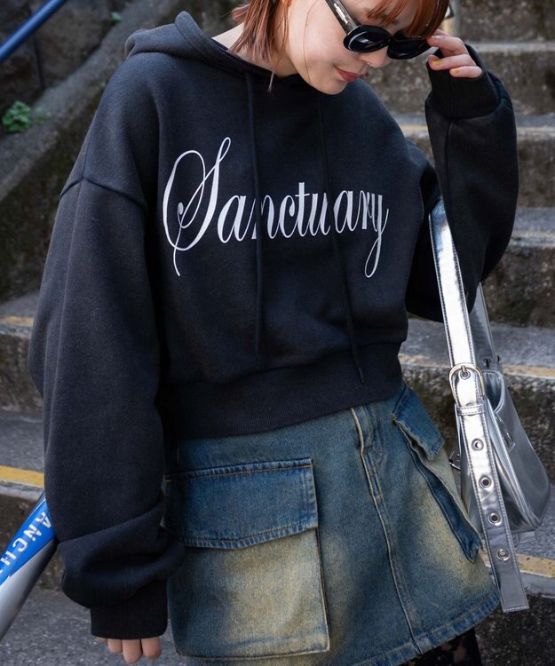 WEGO エンジェルプリントショートプルパーカー ブラック