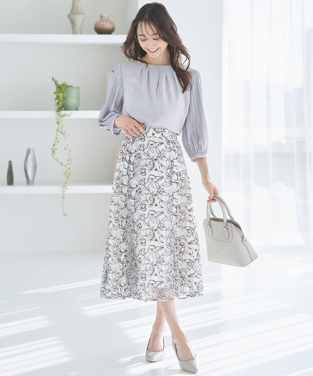 ANY SIS 【洗える】ラインフラワーエンブロイダリー スカート アイボリー系