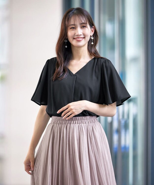 Tiaclasse L 【洗える】シフォンフレアスリーブブラウス ブラック