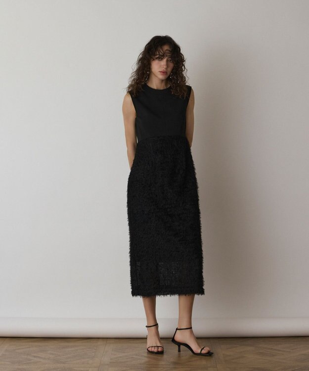 GRACE CONTINENTAL フェザー刺繍コンビワンピース ブラック