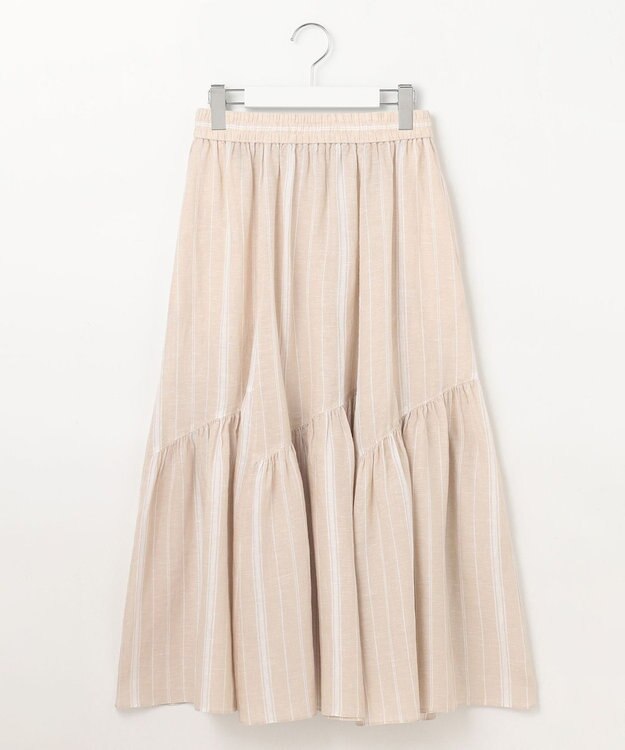 23区 【洗える】LIBECO ティアード スカート ベージュ×ホワイトストライプ