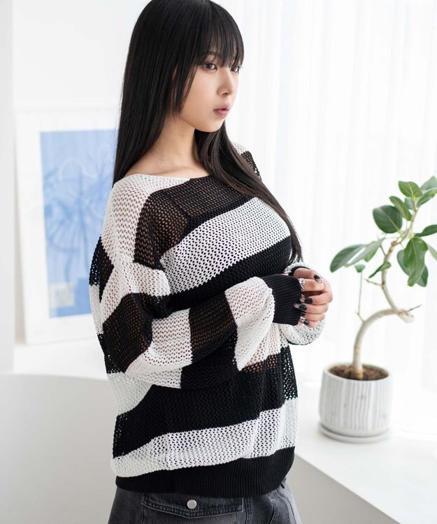 WEGO オフショルメッシュニット ブラックボーダー