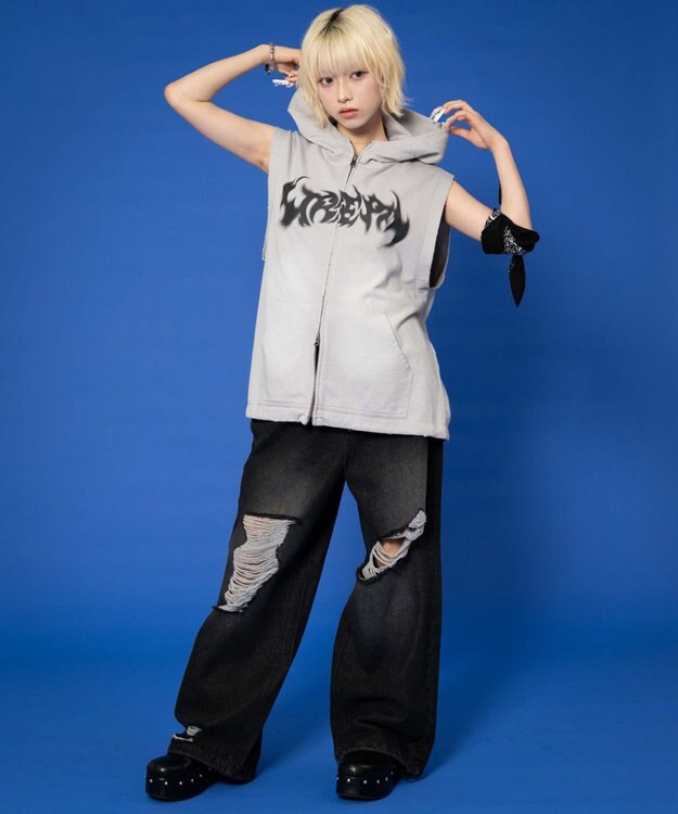 WEGO ノースリーブグラフィックZIPパーカー グレー