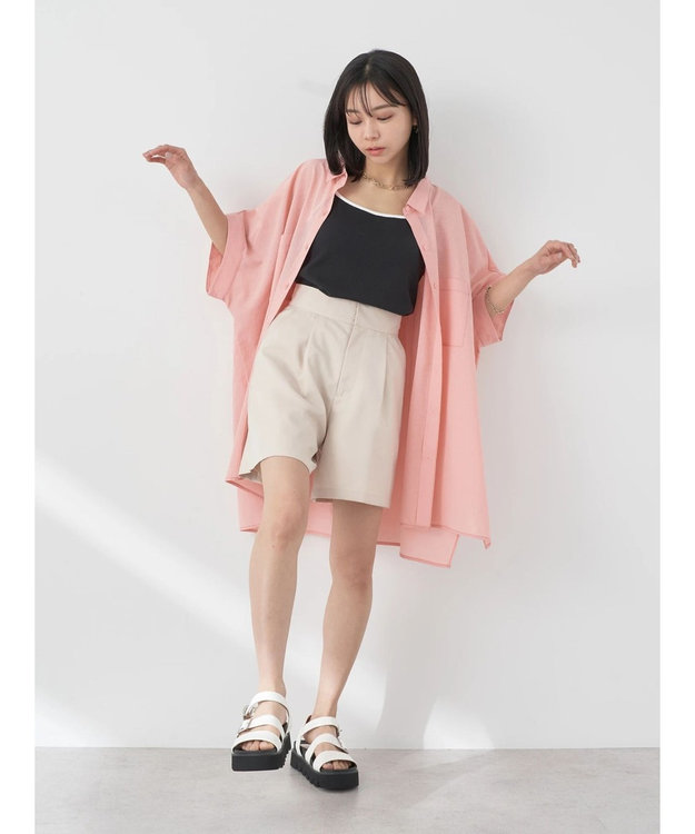 earth music&ecology 配色ステッチＢＩＧシャツ Pink