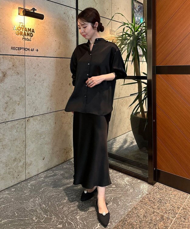 UNFILO L サテン バンドカラーシャツ ブラック