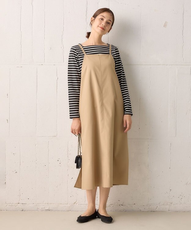 組曲 L 【洗える・シワになりにくい】リネン混オックスストレッチ キャミワンピース ベージュ系