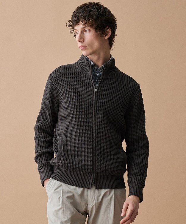 JOSEPH ABBOUD 【キングサイズ・3シーズン活躍する綿ブレンド】コットンアクリルバルキー ジップニット ブルゾン ダークブラウン系