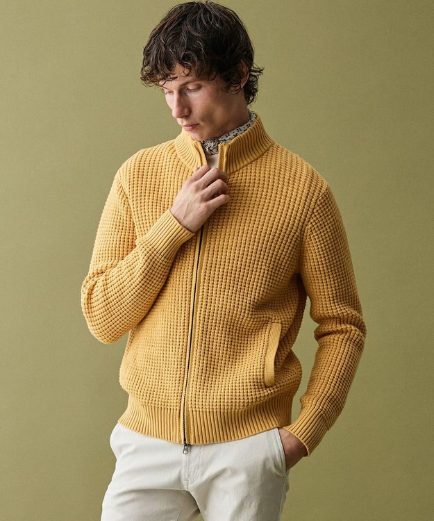 JOSEPH ABBOUD 【キングサイズ・3シーズン活躍する綿ブレンド】コットンアクリルバルキー ジップニット ブルゾン ライトオレンジ系