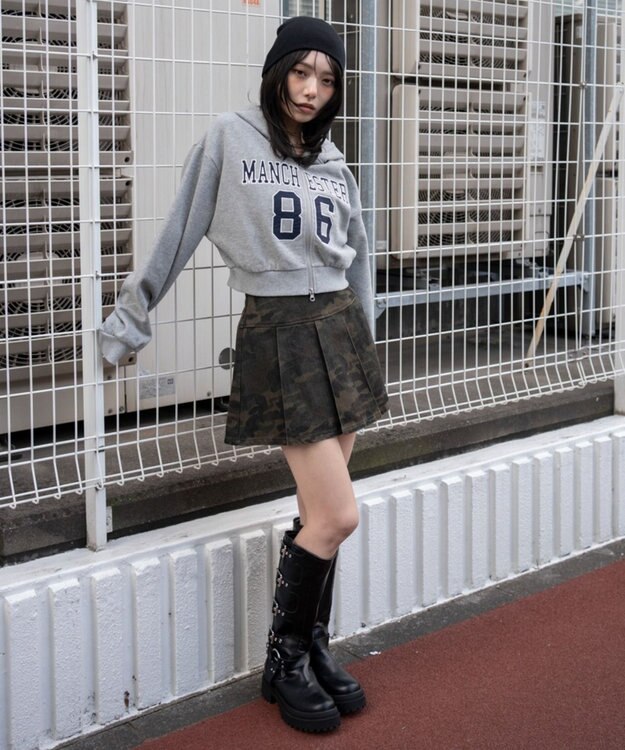 WEGO グラフィックショートZIPパーカー 杢グレー