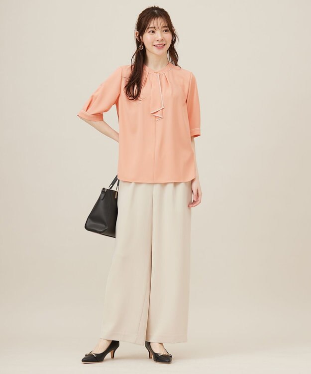 ANY SIS L 【洗える】バイカラーラッフルボウ ブラウス コーラルピンク