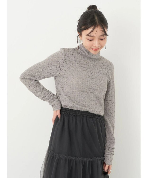 earth music&ecology 起毛レースハイネックインナー Gray Beige