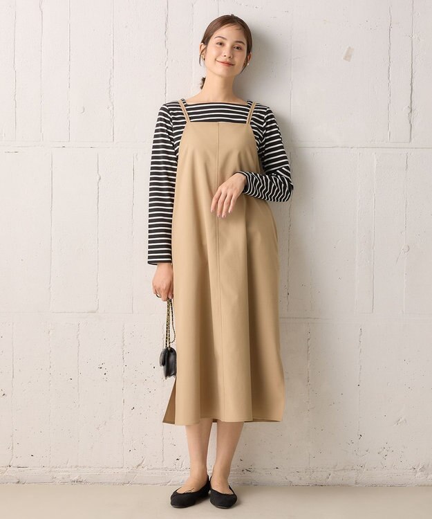 組曲 L 【洗える・シワになりにくい】リネン混オックスストレッチ キャミワンピース ベージュ系