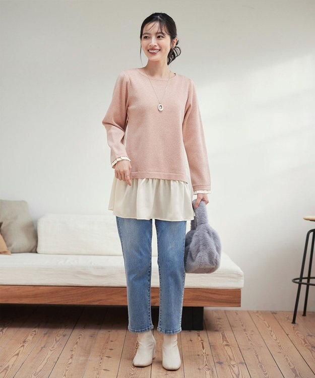 Tiaclasse 【洗える】ヴィンテージサテンニットコンビチュニック ピンク