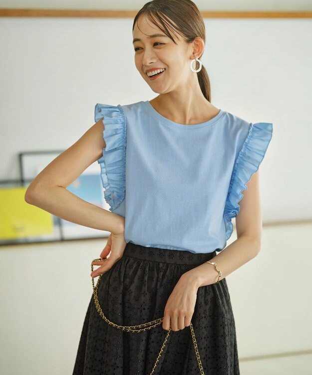 組曲 L Jazzy-Jersey フリル袖Ｔシャツ ブルー系