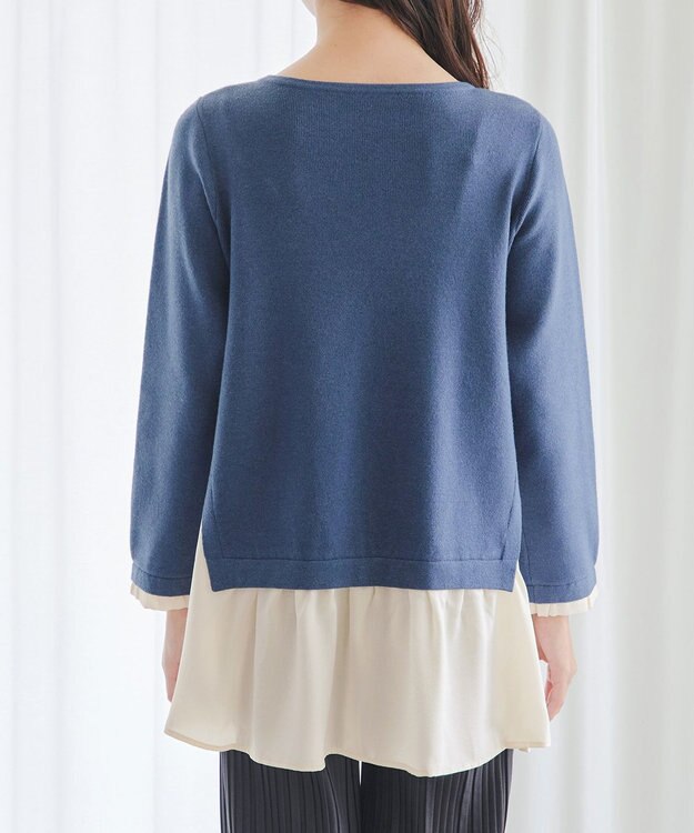 Tiaclasse 【洗える】ヴィンテージサテンニットコンビチュニック ブルー