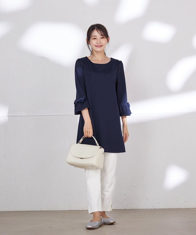 Tiaclasse 【洗える】グログランリボン付きフリル袖チュニック ネイビー