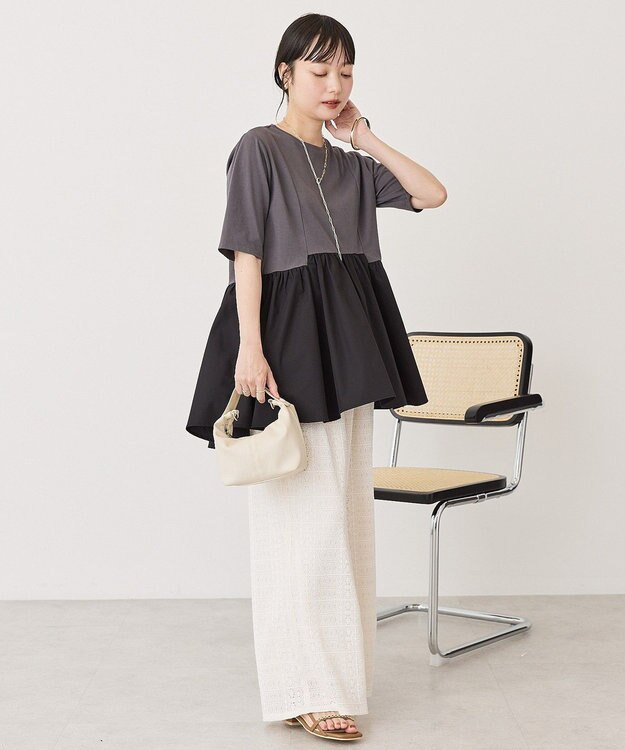 AMERICAN HOLIC 布帛切替ペプラム半袖プルオーバー Charcoal Gray